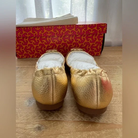 Tory Burch Melinda Ballet Flat In Gold Size 5 New - Picture 4 of 7
